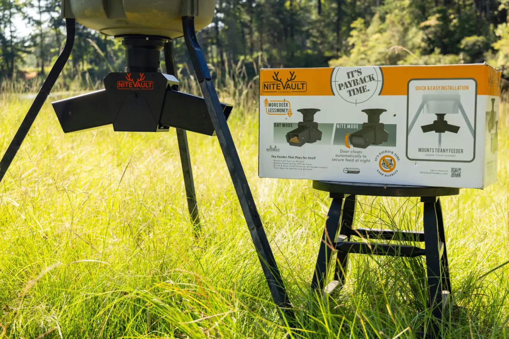 NiteVault feeder with box in grass.