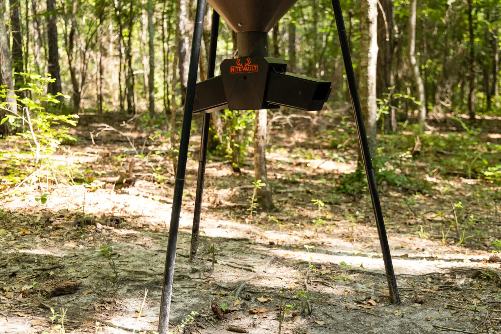 Nite Vault deer feeder in woods.